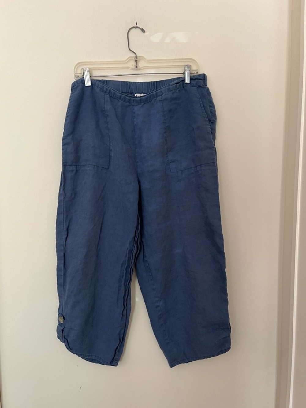 Habitat 100% Linen Blue Wide Leg Cropped Pull-On Lagenlook Pants L